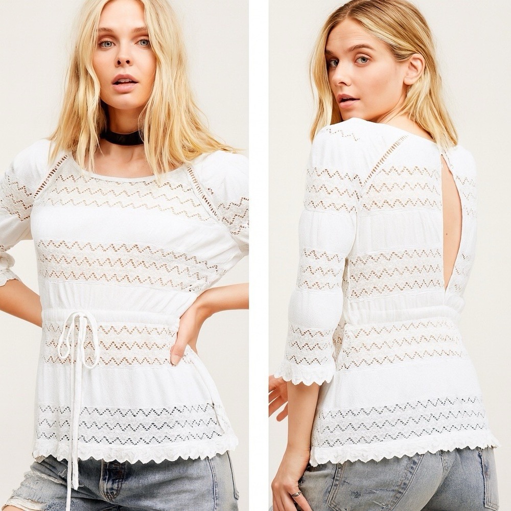 Free People White Lace Crochet‎ Peplum Top Open Back Boho Festival Blouse M